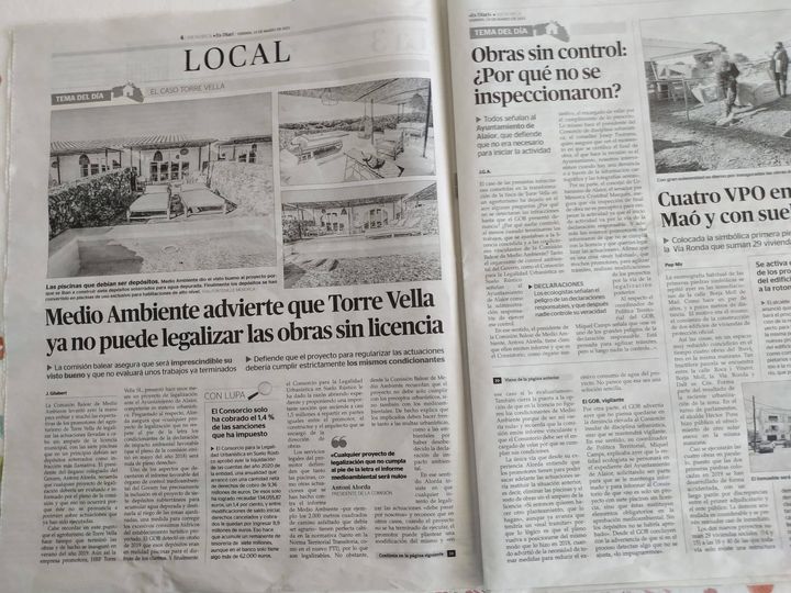 May be an image of text que diu 'TEMADELDÍA DEMAR2O2001 LOCAL ELSEVEL CASOE TEMA E DÍA Obras sin control: ¿Por qué no se inspeccionaron? Cuatro VPO en Maó con sue simbólica primera Medio Ambiente advierte que Torre Vella ya no puede legalizar las obras sin licencia t Defiende comisión mprescindiblesu'